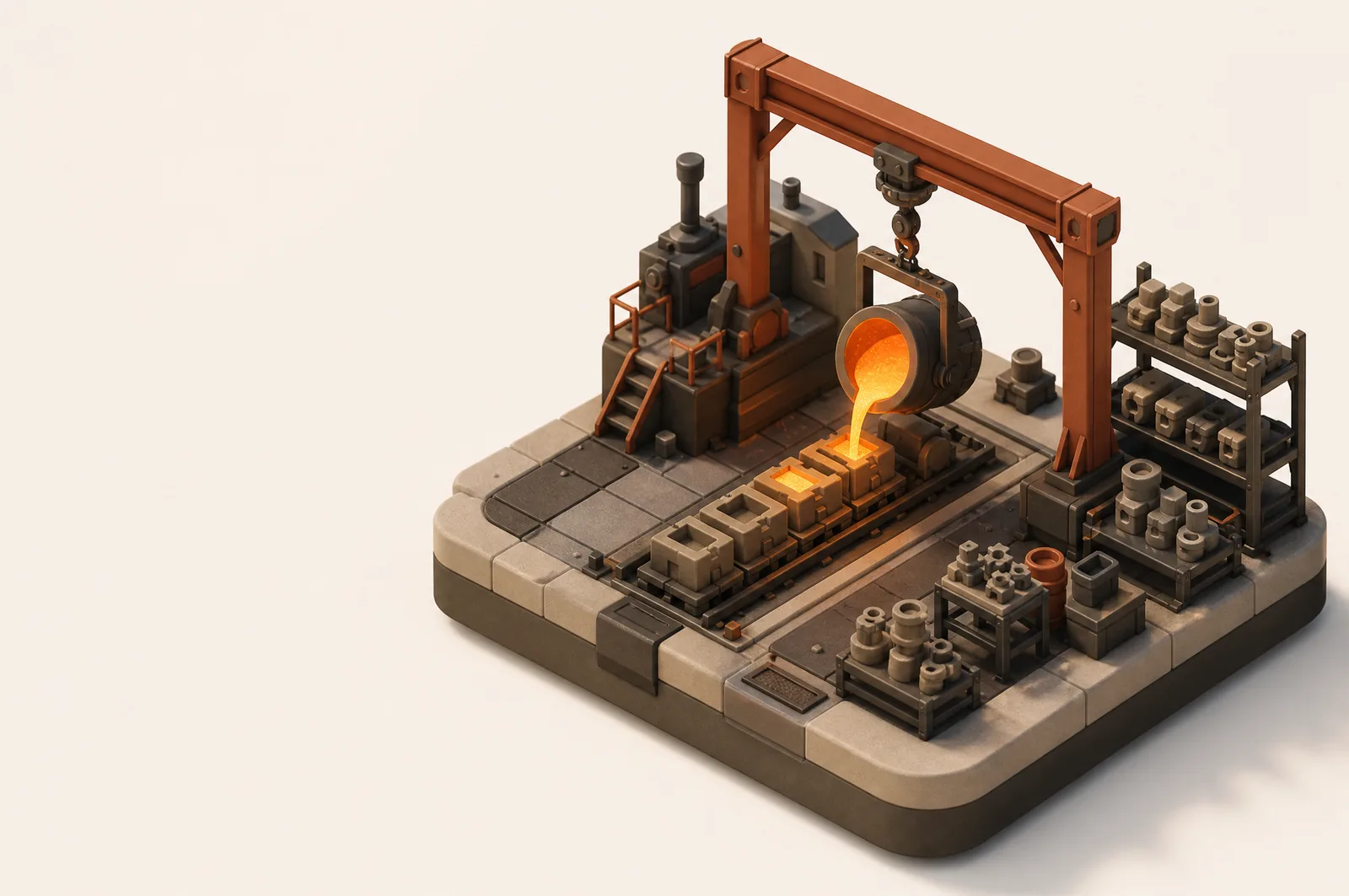 A clay-model foundry floor with a crucible pouring molten metal into sand moulds