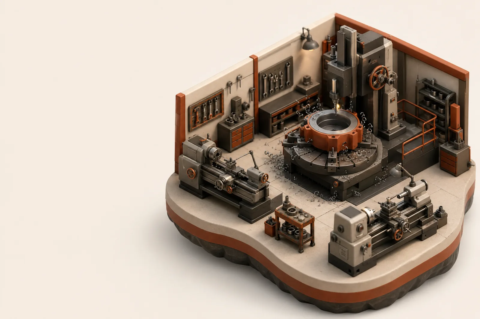 A clay-model machine shop with a pump casing clamped in a boring mill