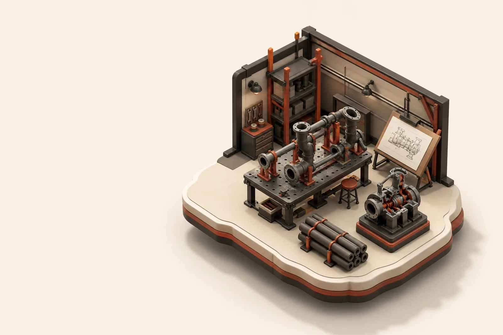 A clay-model engineering bay with a fabrication table and a part-built pipework spool