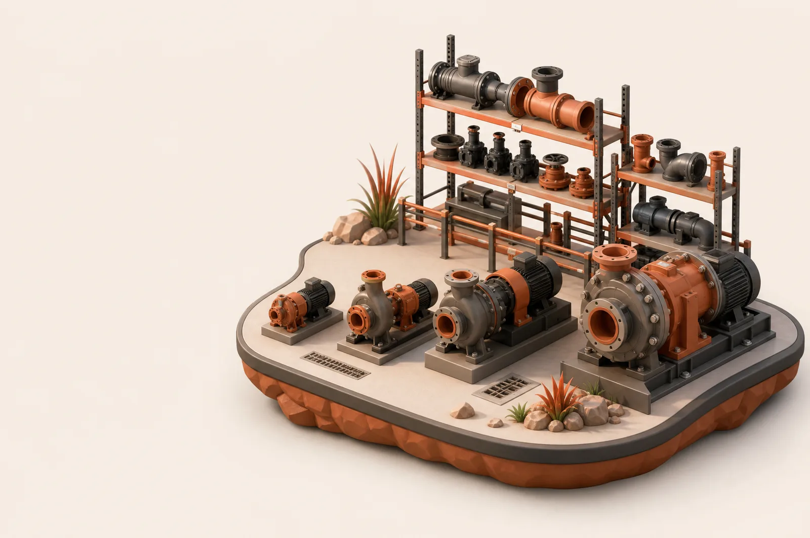 A clay-model display floor lined with slurry and dewatering pumps of increasing size