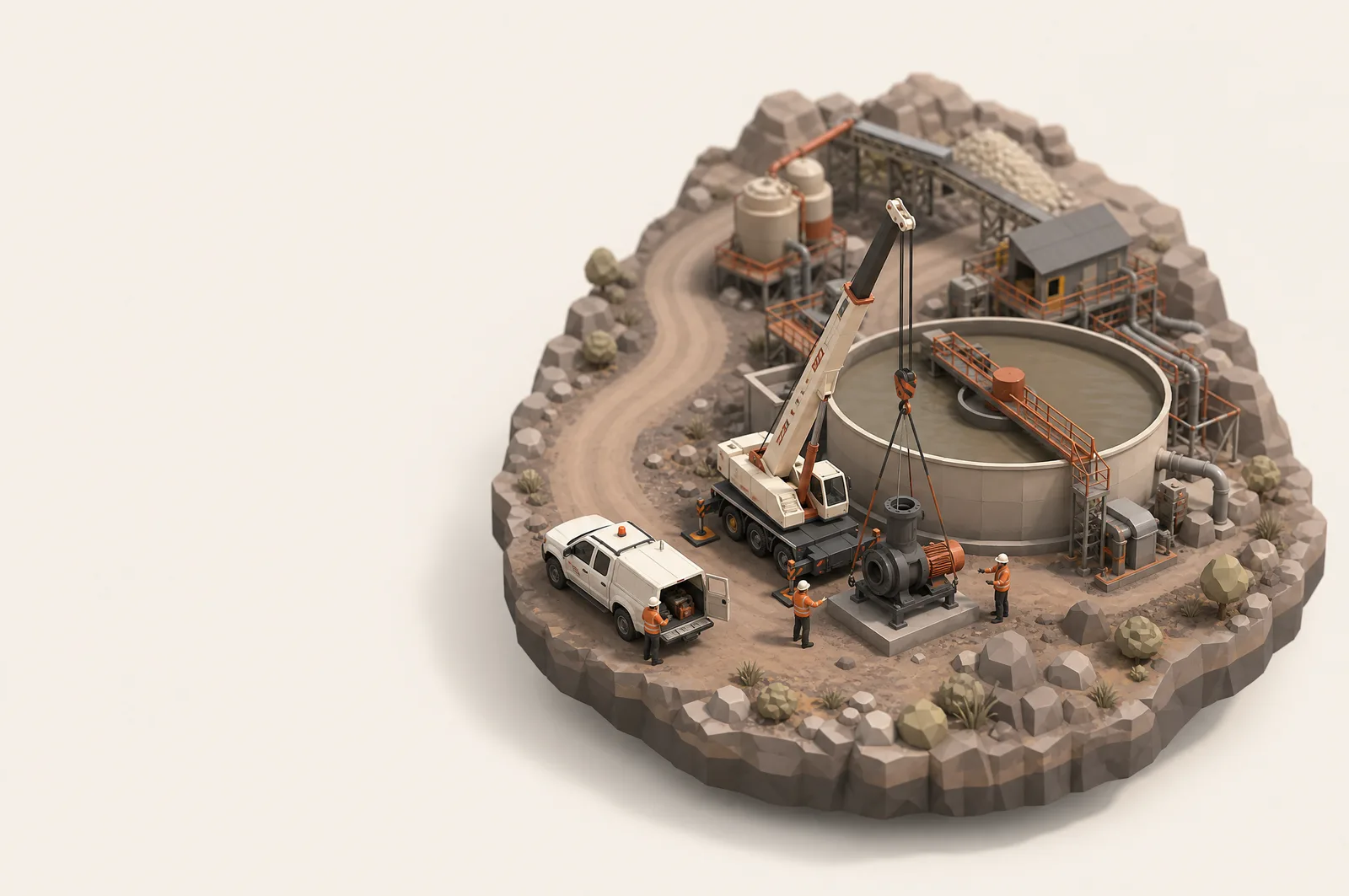 A clay-model mine site with a slurry pump being lowered into place beside a thickener tank